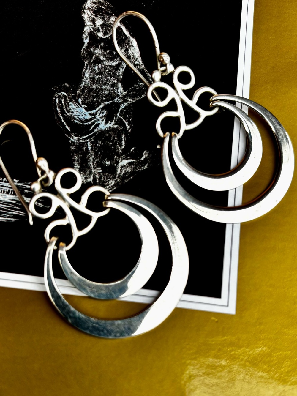 925 Sterling Silver Double Crescent Dangle Drop Pierced Earrings On French Wires